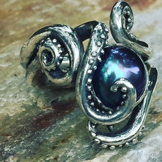 Handcrafted Silver Octopus & Black Pearl Ring